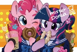 Size: 1920x1300 | Tagged: safe, artist:potetecyu_to, character:pinkie pie, character:twilight sparkle, character:twilight sparkle (unicorn), species:earth pony, species:pony, species:unicorn, g4, donut, eating, nom, sailor uniform