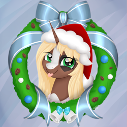 Size: 2425x2425 | Tagged: safe, artist:serenepony, oc, oc:sweetheart, species:pony, species:unicorn, g4, bauble, baubles, bells, blep, christmas, digital art, hearth's warming, holiday, icon, looking at you, pinecone, ribbon, santa hat, simple background, solo, sticking tongue out, tongue out, wreath