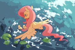 Size: 855x571 | Tagged: safe, artist:vergolophus, character:fluttershy, species:pegasus, species:pony, g4, duckling, lily pad, solo, swimming, water