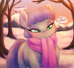 Size: 1920x1768 | Tagged: safe, artist:buttersprinkle, character:maud pie, species:earth pony, species:pony, g4, clothing, cute, dialogue, scarf, snow, solo, tree