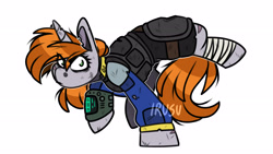 Size: 3555x2000 | Tagged: safe, artist:lrusu, oc, oc:littlepip, species:pony, species:unicorn, fallout equestria, g4, armor, bandage, clothing, pipbuck, solo, vault suit