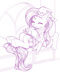 Size: 1280x1578 | Tagged: safe, artist:dstears, character:angel bunny, character:fluttershy, species:pegasus, species:pony, species:rabbit, g4, clothing, cute, ear fluff, eyes closed, mug, pillow, rain, sweater, window