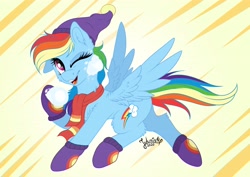 Size: 4093x2894 | Tagged: safe, artist:julunis14, character:rainbow dash, species:pegasus, species:pony, g4, beanie, boots, gloves, open mouth, simple background, smiling, snow, snowball, solo, spread wings, wings, wink