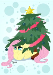 Size: 2894x4093 | Tagged: safe, artist:julunis14, character:fluttershy, species:pegasus, species:pony, g4, christmas tree, cowering, hiding, lying down, simple background, solo