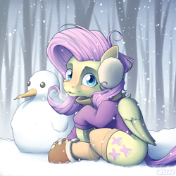 Size: 4000x4000 | Tagged: safe, artist:ohemo, character:fluttershy, species:pegasus, species:pony, g4, boots, clothing, coat, earmuffs, forest, head turn, looking at you, looking sideways, raised hoof, sitting, snow, snowfall, snowman, socks, solo
