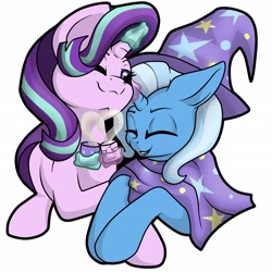 Size: 2971x2972 | Tagged: safe, artist:gleamydreams, character:starlight glimmer, character:trixie, species:pony, species:unicorn, g4, glowing horn, magic, pin, telekinesis, trixie's cape, trixie's hat, white background