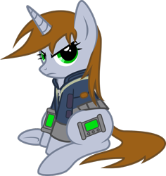 Size: 1280x1355 | Tagged: safe, artist:groxy-cyber-soul, oc, oc only, oc:littlepip, species:pony, species:unicorn, fallout equestria, g4, .svg available, angry, clothing, fanfic art, female, glaring, mare, pipbuck, simple background, solo, transparent background, vault suit, vector