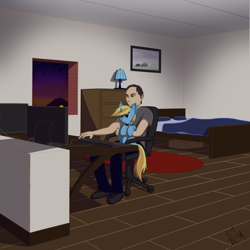 Size: 2048x2048 | Tagged: safe, artist:skydreams, oc, oc:skydreams, species:human, species:pony, species:unicorn, g4, apartment, bed, collar, computer, desk, dresser, female, gaming, human male, human on pony snuggling, lamp, male, mare, pet, pet play, pony pet, smol, snuggling, sunset, video game
