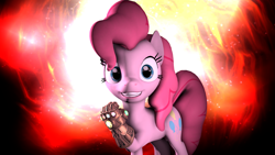 Size: 3840x2160 | Tagged: safe, artist:deviantxs, character:pinkie pie, species:earth pony, species:pony, g4, happy, infinity gauntlet, looking at you, solo, source filmmaker