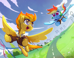 Size: 1280x1006 | Tagged: safe, artist:dawnfire, character:rainbow dash, character:spitfire, species:pegasus, species:pony, g4, academy track, clothing, cute, flying, jacket, sunglasses