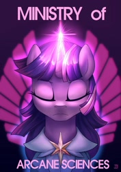 Size: 1600x2263 | Tagged: safe, artist:jedayskayvoker, character:twilight sparkle, species:pony, species:unicorn, fanfic:fallout: equestria, g4, clothing, eyes closed, fanfic art, magic, ministry mares, ministry of arcane sciences, poster, solo