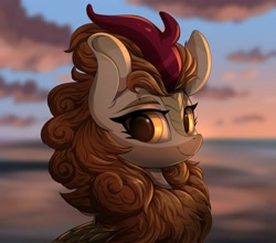 Size: 1566x1379 | Tagged: safe, artist:ask-colorsound, character:autumn blaze, species:kirin, g4, amber eyes, awwtumn blaze, blurred background, bust, chest fluff, cloud, cute, female, fluff, horn, looking at you, mane, mare, orange eyes, outdoors, portrait, scales, sky, smiling, solo, three-quarter view