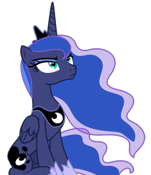 Size: 1919x2216 | Tagged: safe, artist:sketchmcreations, character:princess luna, species:alicorn, species:pony, g4, crown, ethereal mane, feathered wings, feathers, female, frown, hooves, horn, jewelry, mare, peytral, regalia, shoes, side view, simple background, sitting, solo, tail, teal eyes, three-quarter view, transparent background, unamused, vector, wings