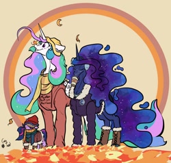 Size: 1200x1142 | Tagged: safe, artist:greyscaleart, character:princess celestia, character:princess luna, character:twilight sparkle, g4, autumn, boots, clothing, coffee cup, constellation freckles, covered eyes, cute, earmuffs, filly, hat, leaves, scarf