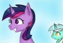 Size: 1280x863 | Tagged: safe, artist:sunnyroop23, character:lyra heartstrings, character:twilight sparkle, species:pony, species:unicorn, g4, alternate hairstyle, confused, duo, female, smiling