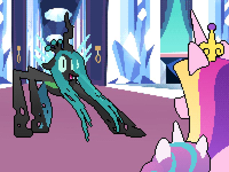 Size: 800x600 | Tagged: safe, artist:2snacks, character:princess cadance, character:princess flurry heart, character:queen chrysalis, g4, animated, get stick bugged lol, gif, pixel art