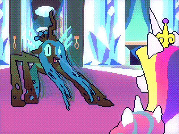 Size: 600x450 | Tagged: safe, artist:2snacks, character:princess cadance, character:princess flurry heart, character:queen chrysalis, g4, animated, get stick bugged lol, gif, pixel art