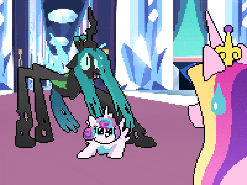 Size: 800x600 | Tagged: safe, artist:2snacks, character:princess cadance, character:princess flurry heart, character:queen chrysalis, g4, animated, get stick bugged lol, gif, pixel art, sweat, sweatdrop