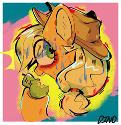 Size: 1944x2000 | Tagged: safe, artist:dino_horse, character:applejack, species:earth pony, species:pony, g4, blushing, caught, clothing, eating, hat, pear, solo, surprised, sweat, sweatdrop