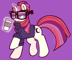 Size: 1067x890 | Tagged: safe, artist:cleventines, character:moondancer, species:pony, species:unicorn, g4, clothing, coffee cup, glasses, magic, solo, sweater, telekinesis