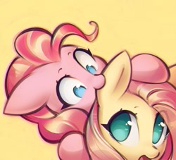 Size: 1220x1109 | Tagged: safe, artist:mirroredsea, character:fluttershy, character:pinkie pie, species:earth pony, species:pegasus, species:pony, ship:flutterpie, g4, ear nibble, implied ship
