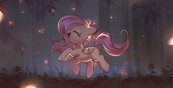 Size: 1199x608 | Tagged: safe, artist:mirroredsea, character:fluttershy, species:pegasus, species:pony, g4, eyes closed, floating lights, forest, smiling, solo