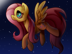 Size: 1200x900 | Tagged: safe, artist:zoiby, character:fluttershy, species:pegasus, species:pony, g4, feathered wings, feathers, female, flying, hair, looking up, mane, mare, night, open mouth, pink hair, pink mane, solo, spread wings, tail, wings