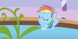 Size: 2560x1280 | Tagged: safe, artist:dm29, character:rainbow dash, species:pegasus, species:pony, g4, eyes closed, female, jacuzzi, mare, music, mythological species, smiling, solo, tail, water