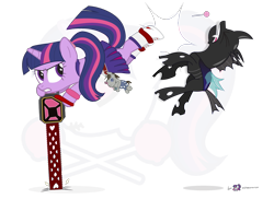 Size: 1200x875 | Tagged: safe, artist:dm29, character:smarty pants, character:twilight sparkle, character:twilight sparkle (unicorn), species:changeling, species:pony, species:unicorn, g4, chain saw, crossover, curved horn, duo, female, food, horn, juliet starling (lollipop chainsaw), lollipop, lollipop chainsaw, mare, simple background, tail, transparent background, voice actor joke, weapon
