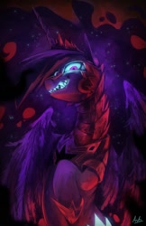 Size: 776x1200 | Tagged: safe, artist:anticular, character:nightmare twilight sparkle, character:twilight sparkle, character:twilight sparkle (alicorn), species:alicorn, species:pony, g4, armor, crown, evil grin, fangs, feathered wings, female, glowing eyes, grin, horn, mare, shoes, signature, solo, wings
