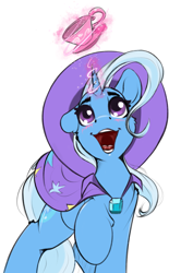Size: 1429x2301 | Tagged: safe, artist:skitsroom, character:trixie, species:pony, species:unicorn, g4, cape, clothing, cup, cute, diatrixes, eyebrows, female, glowing horn, great and powerful, hat, horn, magic, mare, raised hoof, simple background, solo, teacup, telekinesis, that pony sure loves teacups, trixie's cape, trixie's hat, white background