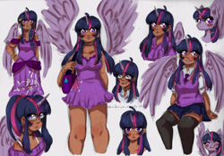 Size: 3436x2409 | Tagged: safe, artist:midoriya_shouto, character:twilight sparkle, species:human, g4, clothing, dress, glasses, hoodie, horned humanization, humanized, skirt, solo, sweater, swimsuit, thigh highs, winged humanization