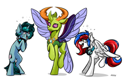 Size: 3000x1900 | Tagged: safe, artist:lrusu, character:thorax, oc, oc:beatbreaker, species:changedling, species:changeling, species:pegasus, species:pony, species:reformed changeling, species:unicorn, g4, bipedal, commission, group, headphones, high res, insect wings, male, nervous, signature, simple background, stallion, tail, trio, white background, wings