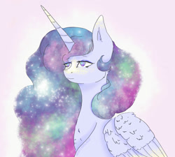 Size: 2000x1800 | Tagged: safe, artist:princess-lunestia, character:princess celestia, character:princess luna, oc, oc only, oc:princess lunestia, species:alicorn, species:pony, g4, ethereal mane, eye through hair, eyelashes, eyeshadow, feathered wings, feathers, female, flowing mane, folded wings, frown, fusion, galaxy mane, hair, horn, lidded eyes, makeup, mane, mare, multicolored hair, redesign, signature, simple background, solo, white background, wings