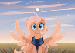 Size: 2188x1556 | Tagged: safe, artist:sonnatora, oc, oc only, oc:mirta whoowlms, species:pegasus, species:pony, g4, blue eyes, clothing, ear fluff, eyelashes, feathered wings, feathers, female, flower, fluff, front view, gift art, grass, hair, looking at you, mare, outdoors, scarf, signature, sitting, sky, solo, spread wings, tail, wide eyes, wings