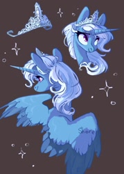 Size: 1500x2100 | Tagged: safe, artist:shore2020, idw, character:trixie, species:alicorn, species:pony, g4, abstract background, crown, feathered wings, feathers, female, hair, horn, mane, mare, race swap, regalia, signature, smiling, solo, spread wings, wings
