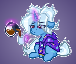 Size: 4000x3400 | Tagged: safe, artist:witchtaunter, gameloft, character:trixie, species:pony, species:unicorn, g4, :<, babysitter trixie, clothing, coffee, coffee mug, eye through hair, female, floppy ears, frown, gameloft interpretation, glowing, glowing horn, gradient background, hair, hair over one eye, high res, hoodie, hooves, horn, magic, mare, messy mane, mug, purple eyes, sitting, sitting down, sleepy, solo, tail, telekinesis, tired