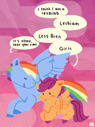 Size: 674x899 | Tagged: safe, artist:beetlefruit, character:rainbow dash, character:scootaloo, species:pegasus, species:pony, g4, chibi, cute, dialogue, filly, flying, it's okay take your time, lesbian, meme, misspelling, ponified, speech bubble, text