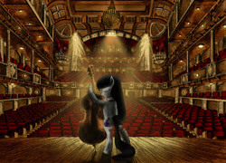 Size: 2885x2078 | Tagged: safe, artist:josh-5410, artist:metadragonart, character:derpy hooves, character:octavia melody, species:earth pony, species:pegasus, species:pony, g4, bow tie, cello, collaboration, eyes closed, smiling, spotlight, stage, theater
