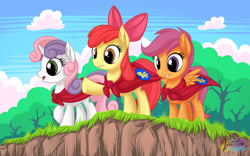 Size: 2560x1600 | Tagged: safe, artist:mysticalpha, character:apple bloom, character:scootaloo, character:sweetie belle, species:pegasus, species:pony, g4, cape, clothing, cmc cape, cutie mark crusaders, forest, palindrome get, wallpaper