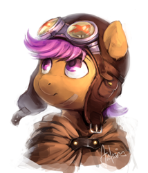Size: 1370x1598 | Tagged: safe, artist:audrarius, character:scootaloo, species:pegasus, species:pony, g4, bandaid, clothing, pilot's cap, solo