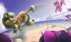 Size: 1200x710 | Tagged: safe, artist:nookprint, character:applejack, character:fluttershy, character:pinkie pie, character:rarity, character:twilight sparkle, g4, beach, jump, volleyball