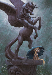 Size: 838x1200 | Tagged: safe, artist:maggwai, character:derpy hooves, character:princess celestia, species:pegasus, species:pony, g4, rain, sitting, solo, statue, tattered, umbrella, wet