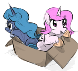Size: 1349x1228 | Tagged: safe, artist:gsphere, character:princess celestia, character:princess luna, species:alicorn, species:pony, g4, box, cute, duo, filly, pony in a box, smiling, woona