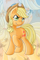 Size: 810x1200 | Tagged: safe, artist:ikuvaito, character:applejack, species:earth pony, species:pony, g4, applejack's hat, clothing, hat, leaves, solo