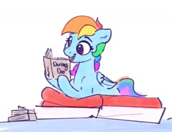 Size: 1200x928 | Tagged: safe, artist:thefloatingtree, character:rainbow dash, species:pegasus, species:pony, g4, bed, book, daring do book, reading, solo