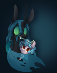 Size: 1829x2329 | Tagged: safe, artist:connorbal, character:cozy glow, character:queen chrysalis, species:changeling, species:pegasus, species:pony, g4, bow, duo, fangs