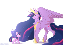 Size: 2000x1445 | Tagged: safe, artist:verystrangebun, character:twilight sparkle, species:alicorn, species:pony, species:unicorn, episode:the last problem, g4, my little pony: friendship is magic, amazed, crown, crying, cutie mark, dock, duality, duo, ethereal mane, feathered wings, female, filly twilight sparkle, horn, jewelry, looking at each other, mare, peytral, princess twilight 2.0, regalia, self paradox, signature, simple background, smiling, tail, tears of joy, teary eyes, time paradox, white background, wings, young