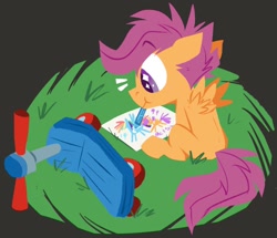 Size: 1200x1032 | Tagged: safe, artist:klhpyro, character:rainbow dash, character:scootaloo, species:pegasus, species:pony, g4, crayon, drawing, filly, mouth hold, scooter, sitting, solo