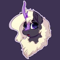 Size: 4000x4000 | Tagged: safe, artist:witchtaunter, oc, oc only, oc:zakira, species:kirin, g4, absurd resolution, blonde, blonde hair, bust, commission, ear fluff, eyelashes, female, fluff, horn, looking at you, mare, neck fluff, open mouth, outline, portrait, purple background, purple eyes, simple background, solo, surprised